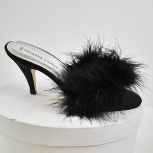 Satin and Ostrich Feather Black Slippers